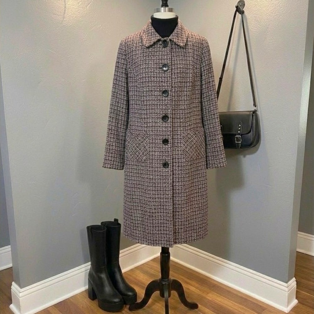 Vintage Tweed Pink and Black Trench‎ Coat size XLARGE Winter Fall